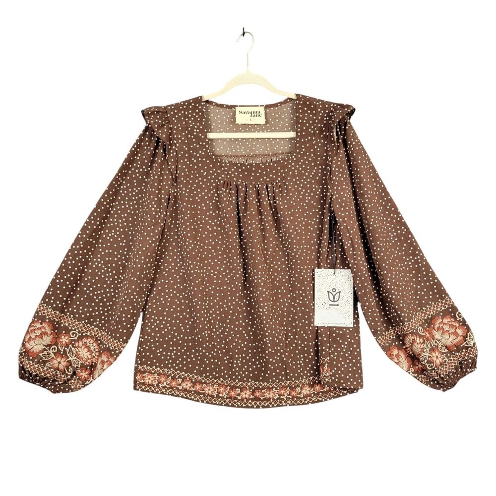 NWT SAVANNA JANE Brown Polka Dot Floral Embroidered Boho Peasant Top SIZE SMALL